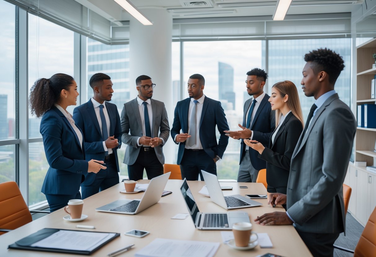 A group of young trainee solicitors collaborating around a conference table in a modern office.