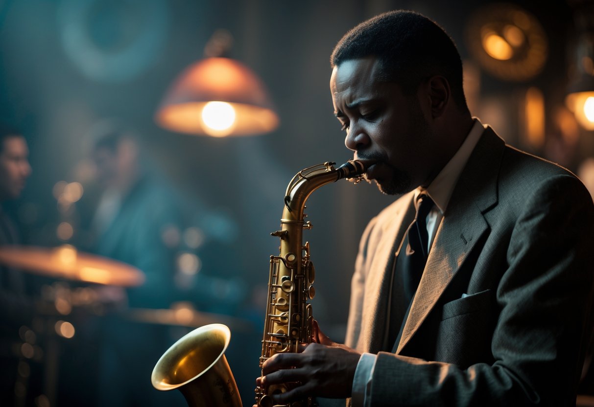 A jazz saxophonist playing passionately on a dimly lit stage with a smoky background.