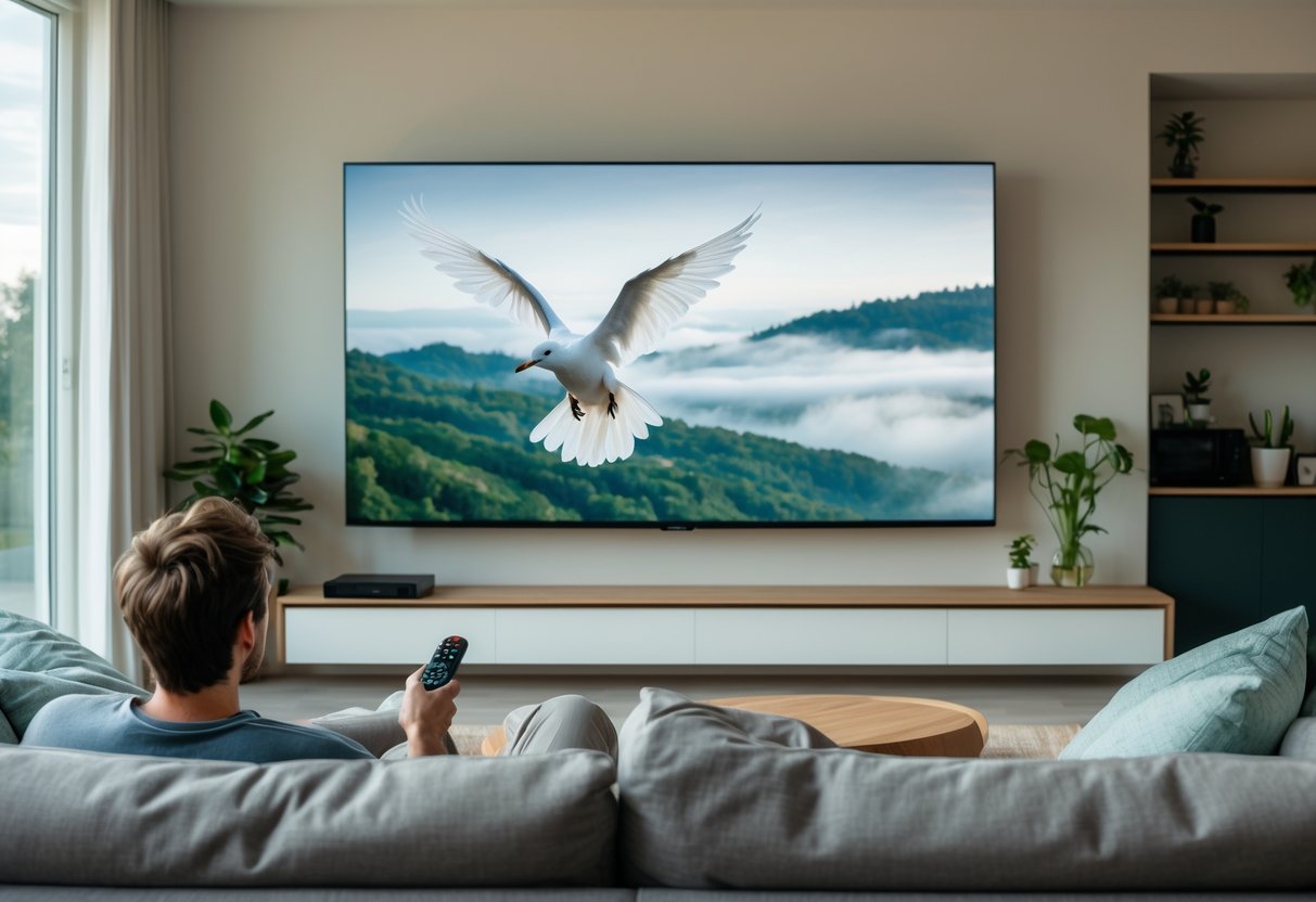 A person sitting on a sofa watching a paused movie scene of a white bird flying on a TV in a cozy living room.