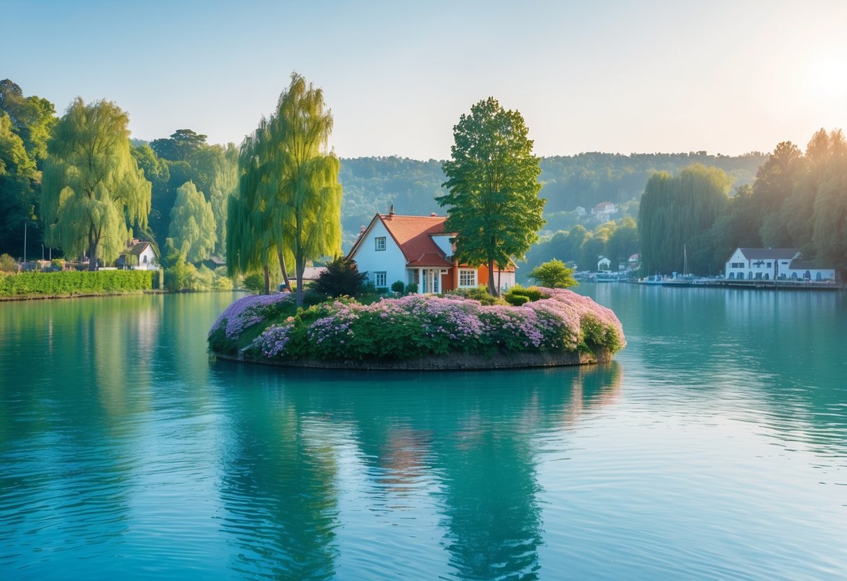 A small island with a house surrounded by trees in the middle of a calm body of water, with a village visible in the distance.