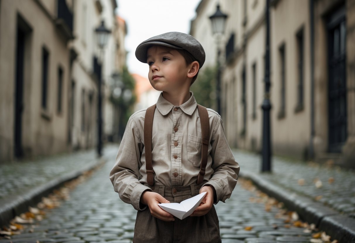 A young boy in 1940s clothing stands alone on a quiet cobblestone street holding a small paper boat, surrounded by old buildings and soft natural light.