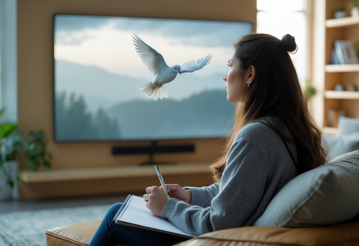 A young woman sitting in a living room watching a movie showing a white bird flying over a landscape.