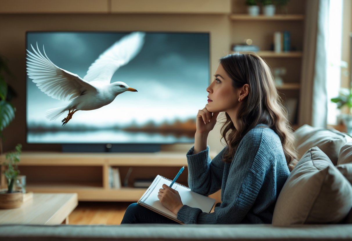 A young woman sitting in a living room watching a movie on TV showing a white bird flying over a landscape.