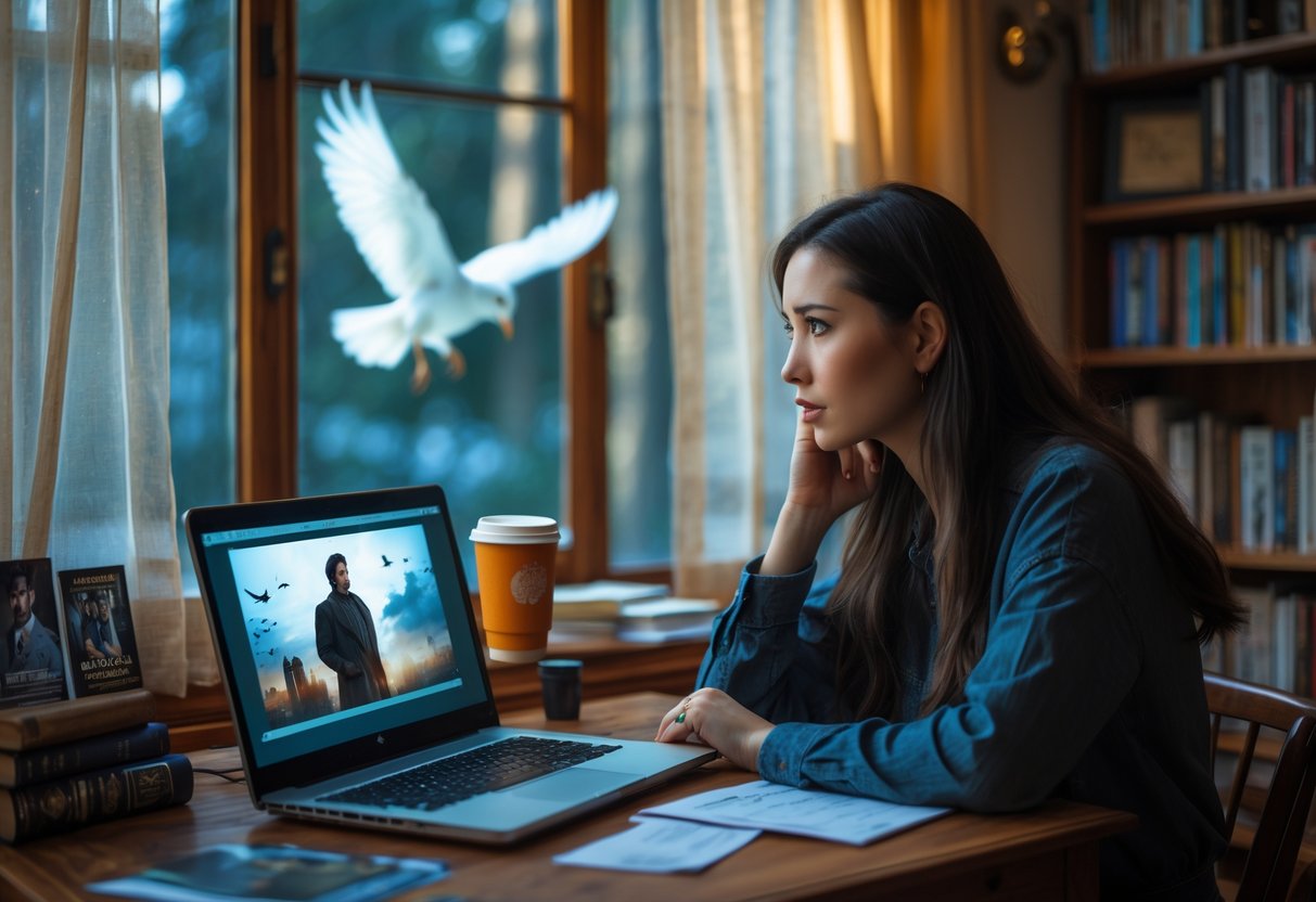 A young woman sitting at a desk looking thoughtfully at a laptop in a cozy room with books and a window showing a white bird outside.