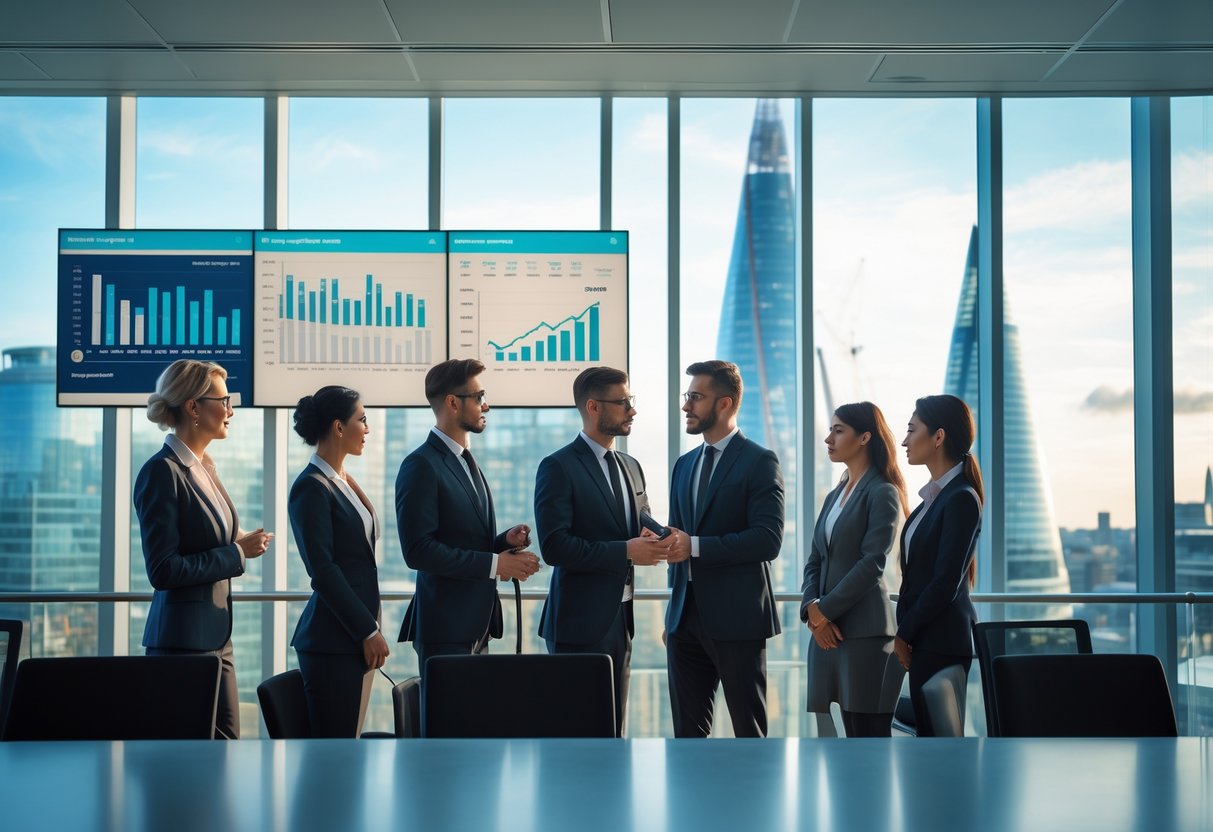 A group of business professionals discussing financial data around a conference table in a modern office with a view of London landmarks.