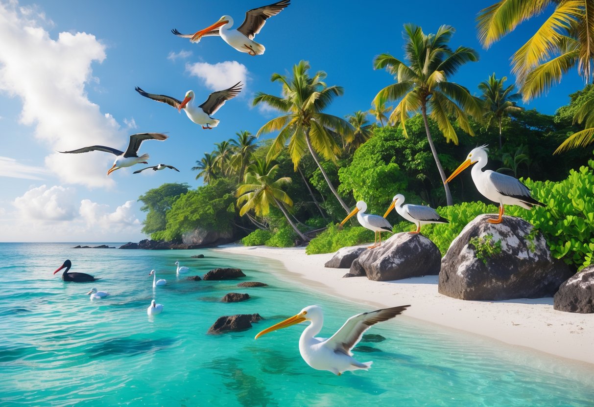 Tropical island with green palm trees, white sandy beach, clear blue water, and various seabirds perched and flying.