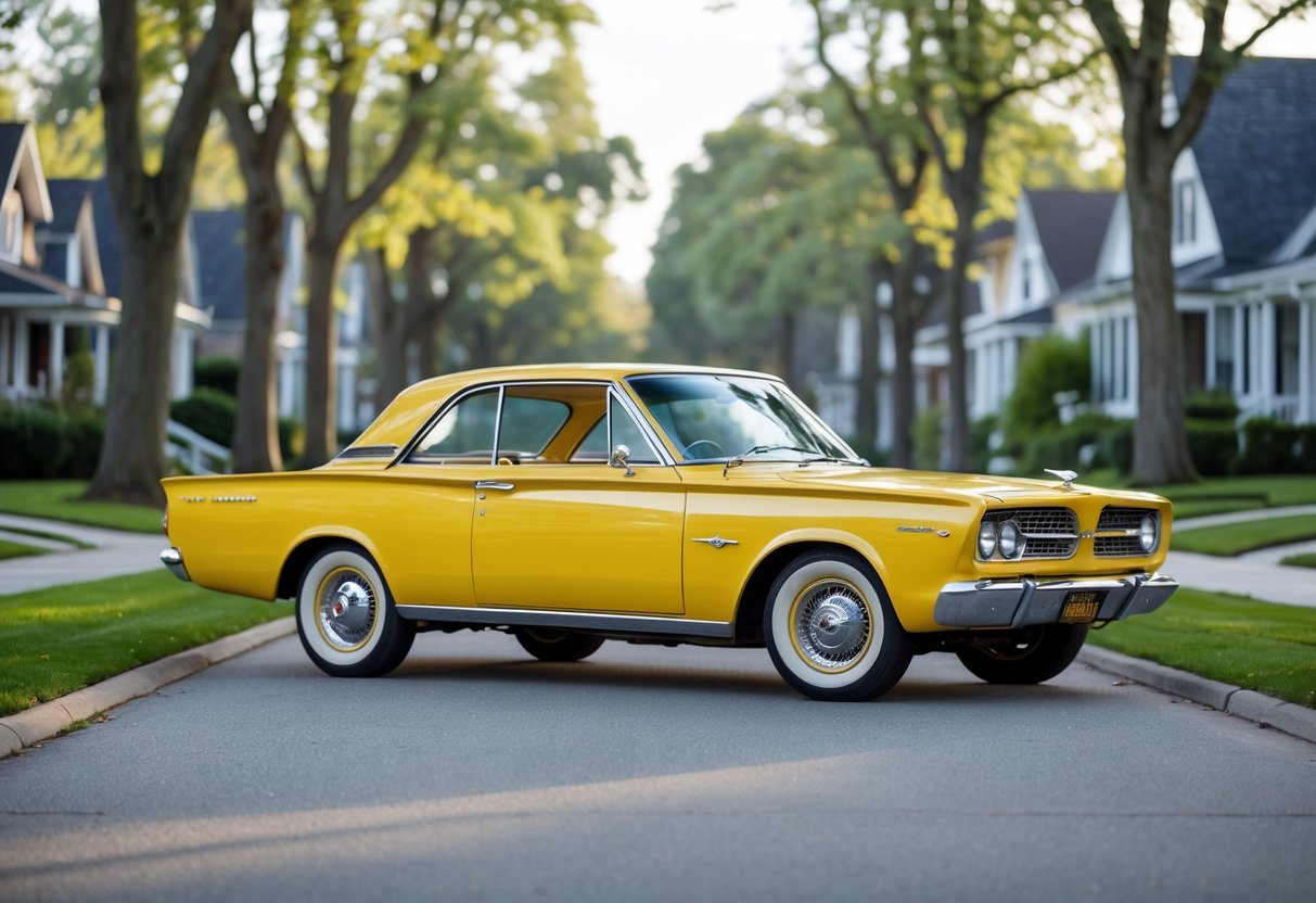 A yellow vintage 1963 Plymouth Valiant car parked on a suburban street with trees and houses in the background.