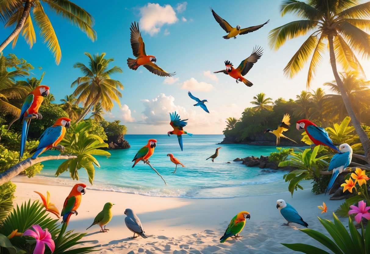 A tropical island with colorful birds perched on palm trees and flying over a sandy beach with clear blue water.