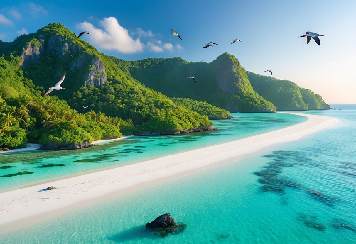 A tropical island with white sandy beaches, clear turquoise water, dense green foliage, and seabirds flying and resting on rocks.
