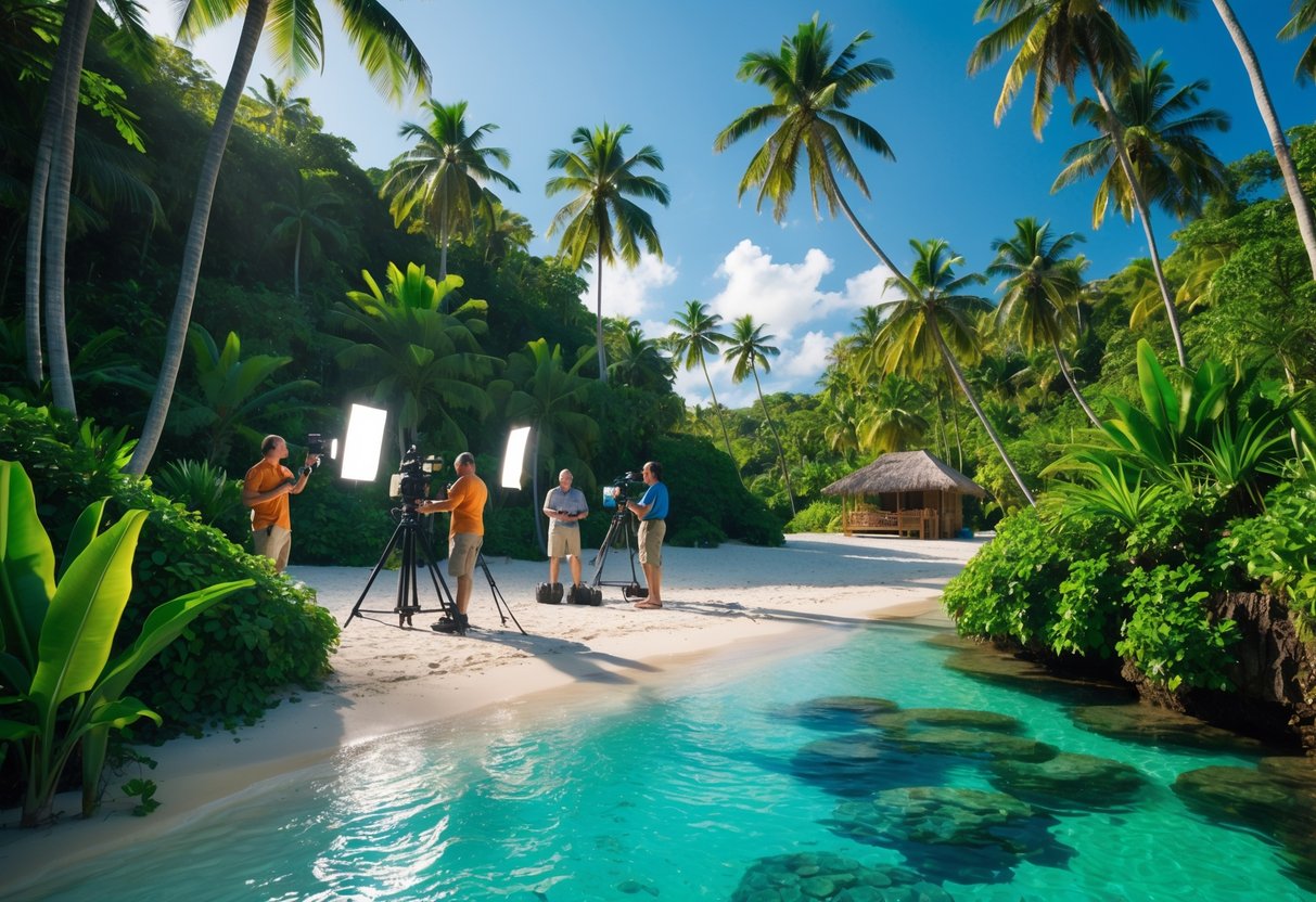 Film crew shooting a movie scene on a tropical island beach surrounded by dense jungle and palm trees.