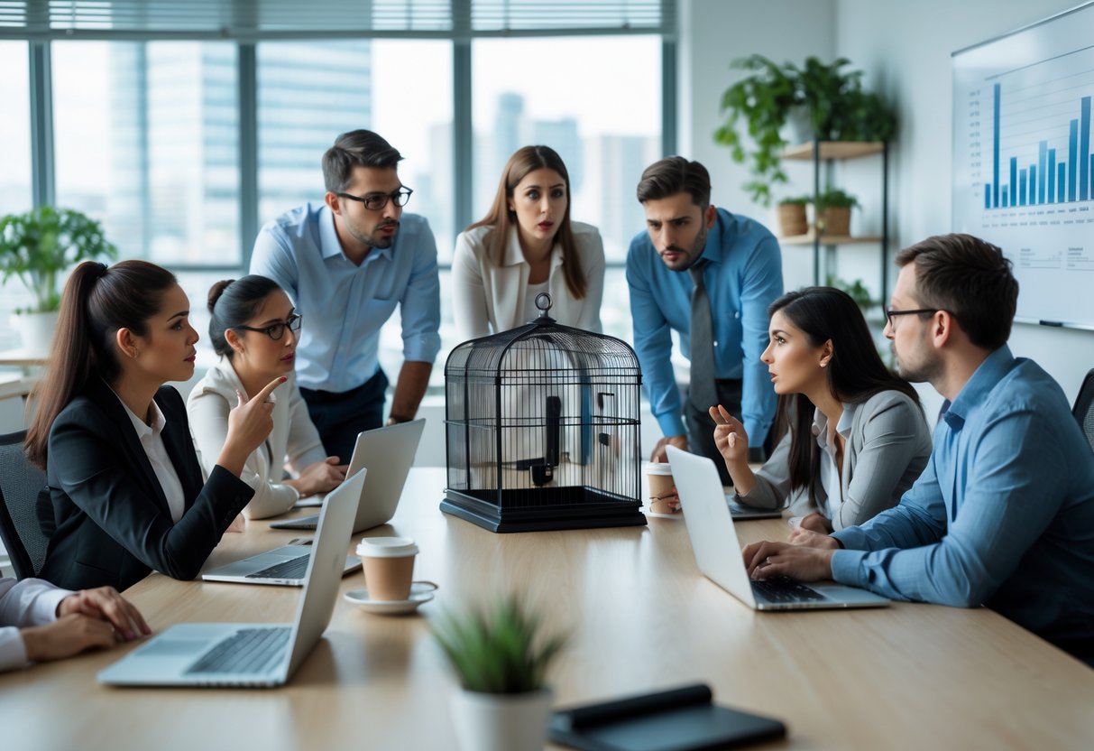 A group of office workers gathered around a conference table looking at an empty birdcage with concerned expressions.