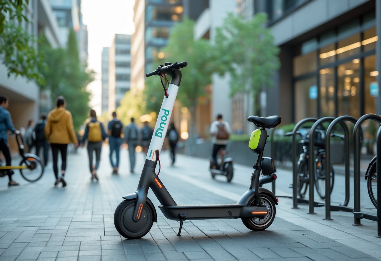 A modern city street with an electric scooter parked on the sidewalk and people using micromobility devices nearby.