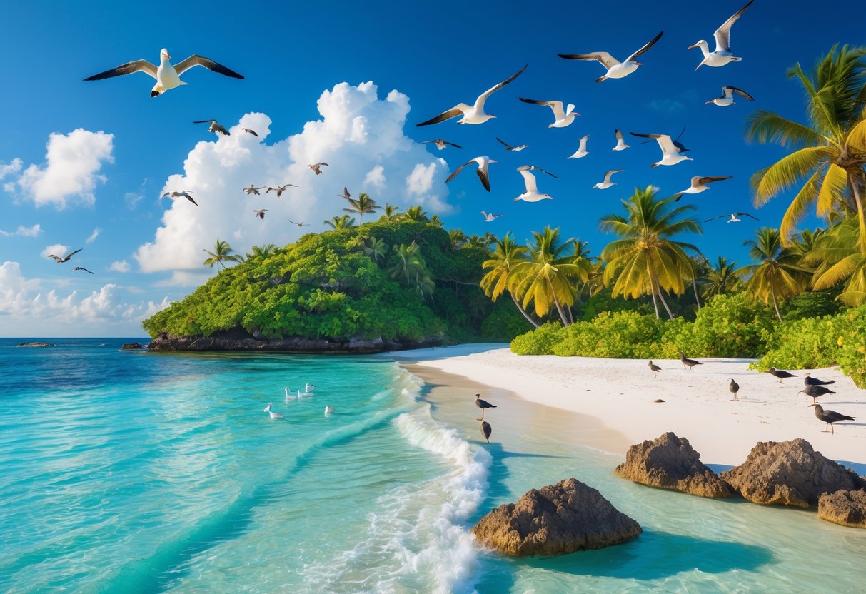 A tropical island with white sandy beach, clear blue water, green palm trees, and various seabirds perched on rocks and flying overhead.