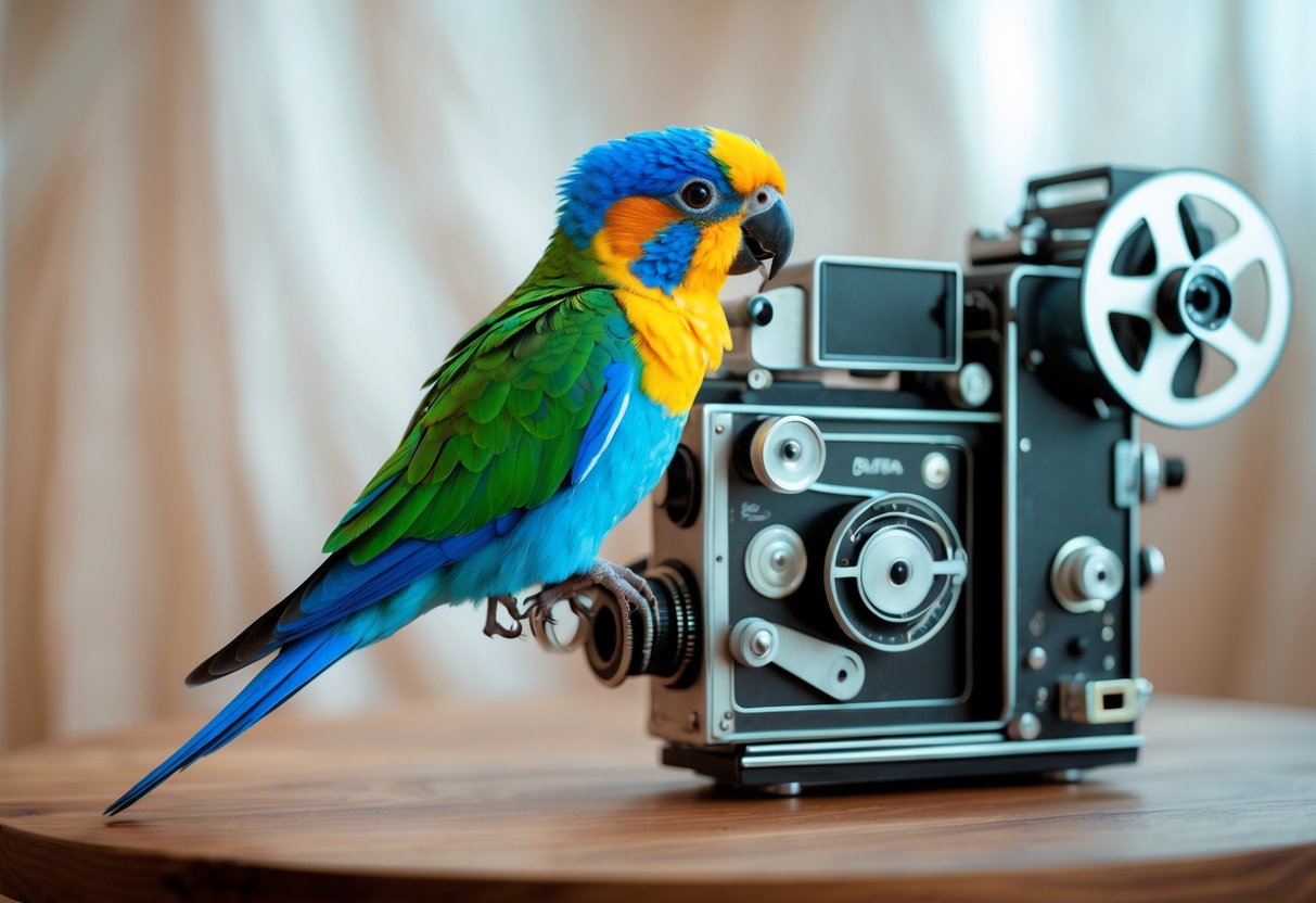 A colorful bird perched on a vintage film camera on a wooden table.