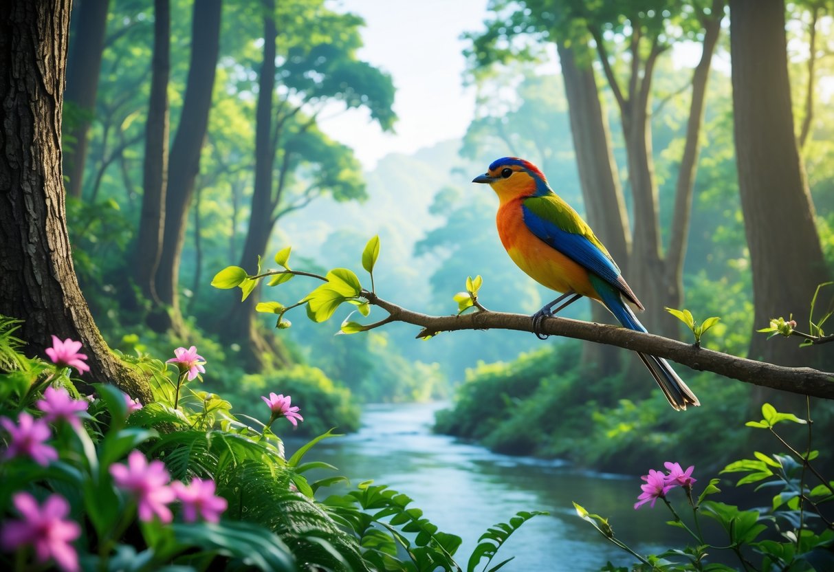 A colorful bird perched on a branch in a lush forest with sunlight filtering through the trees and a calm river in the background.