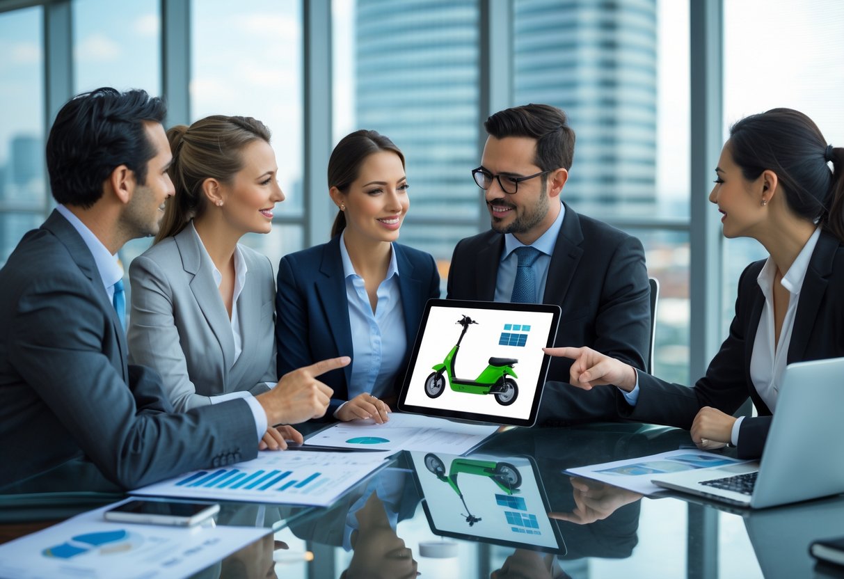A group of business professionals discussing investment around a conference table with devices and documents, one pointing at a tablet showing an electric scooter.