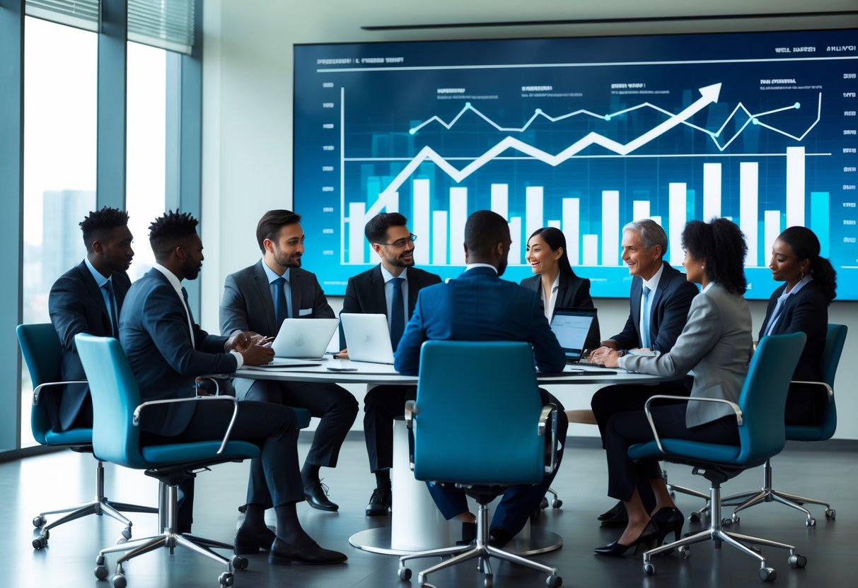 A group of diverse business professionals having a meeting around a conference table with financial charts displayed on a screen.