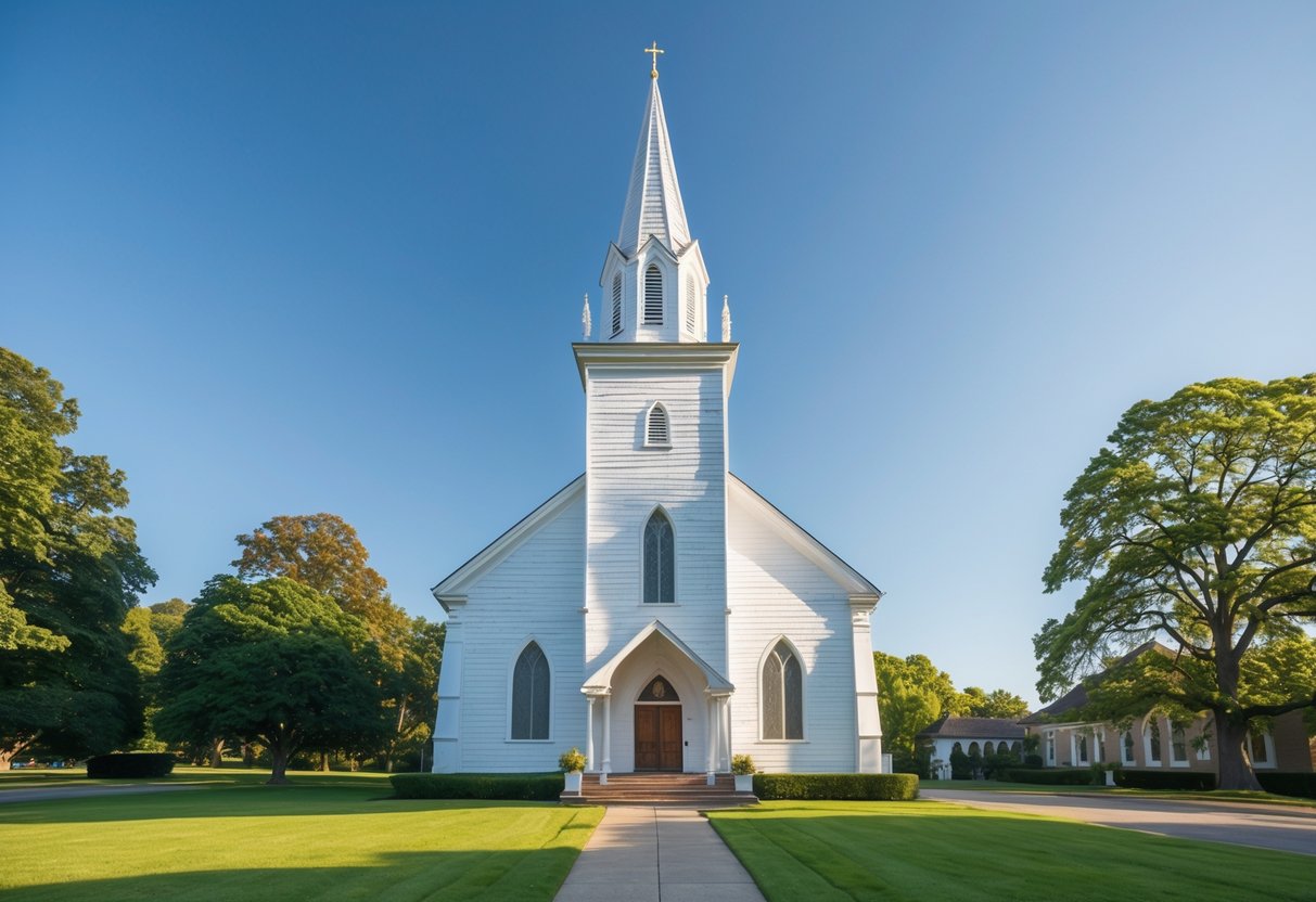 A white wooden church with a tall steeple and pointed arch windows surrounded by green grass and trees under a clear blue sky.