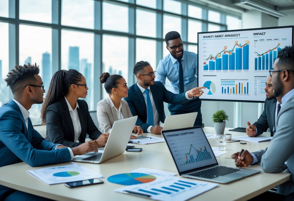 A group of business professionals in a meeting room reviewing financial charts and discussing investment strategies.