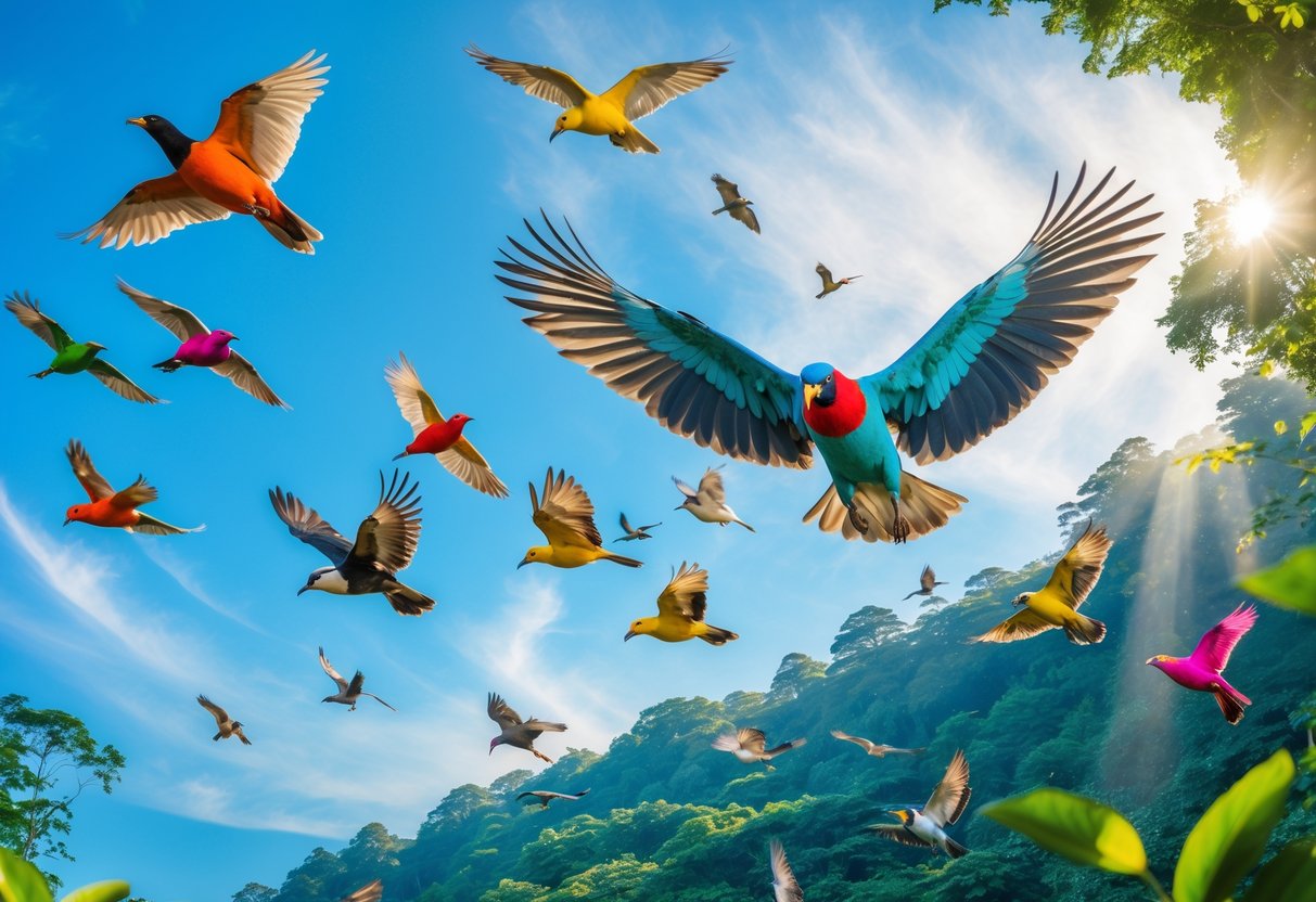 Colorful birds flying over a green forest under a clear blue sky.