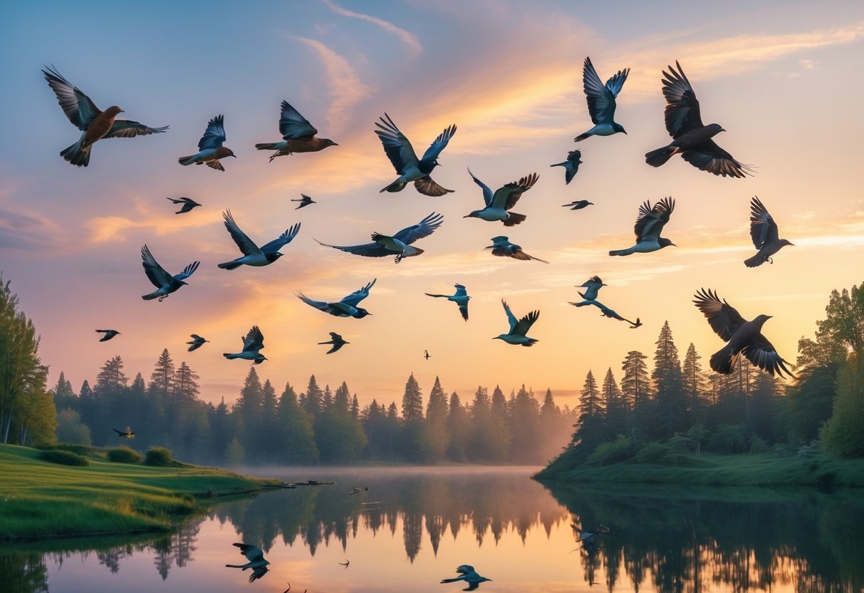 A group of birds flying over a calm lake surrounded by trees during sunrise or sunset.