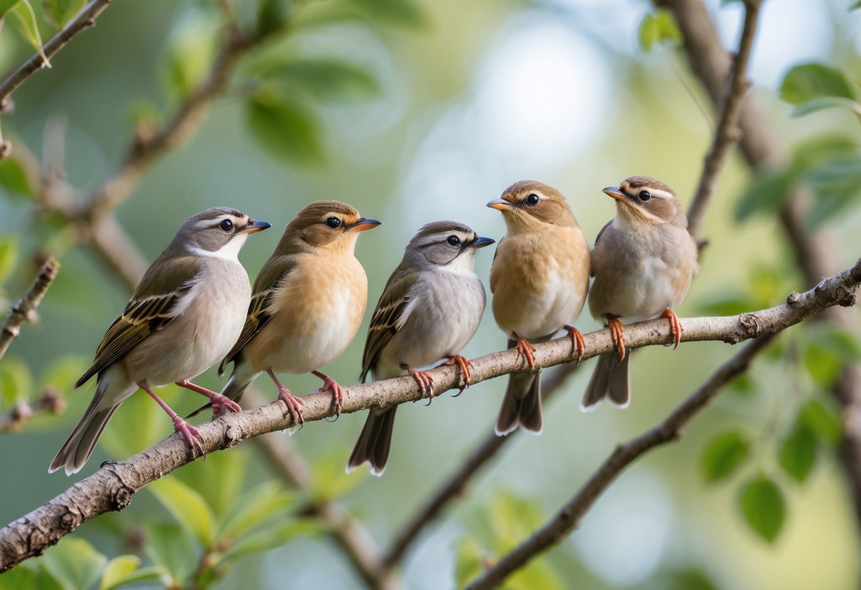 A group of small birds perched closely together on a tree branch in a natural setting.