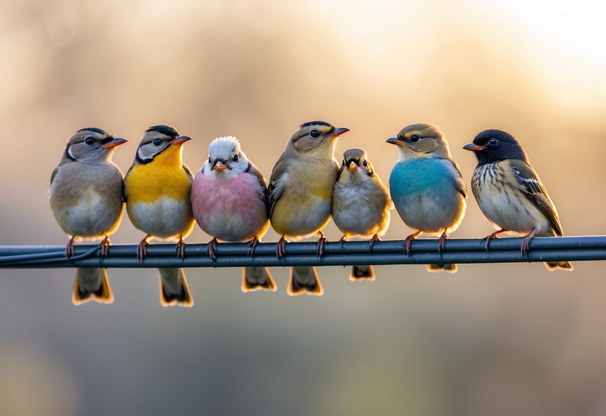 Several small birds perched closely together on a wire against a soft sky background.