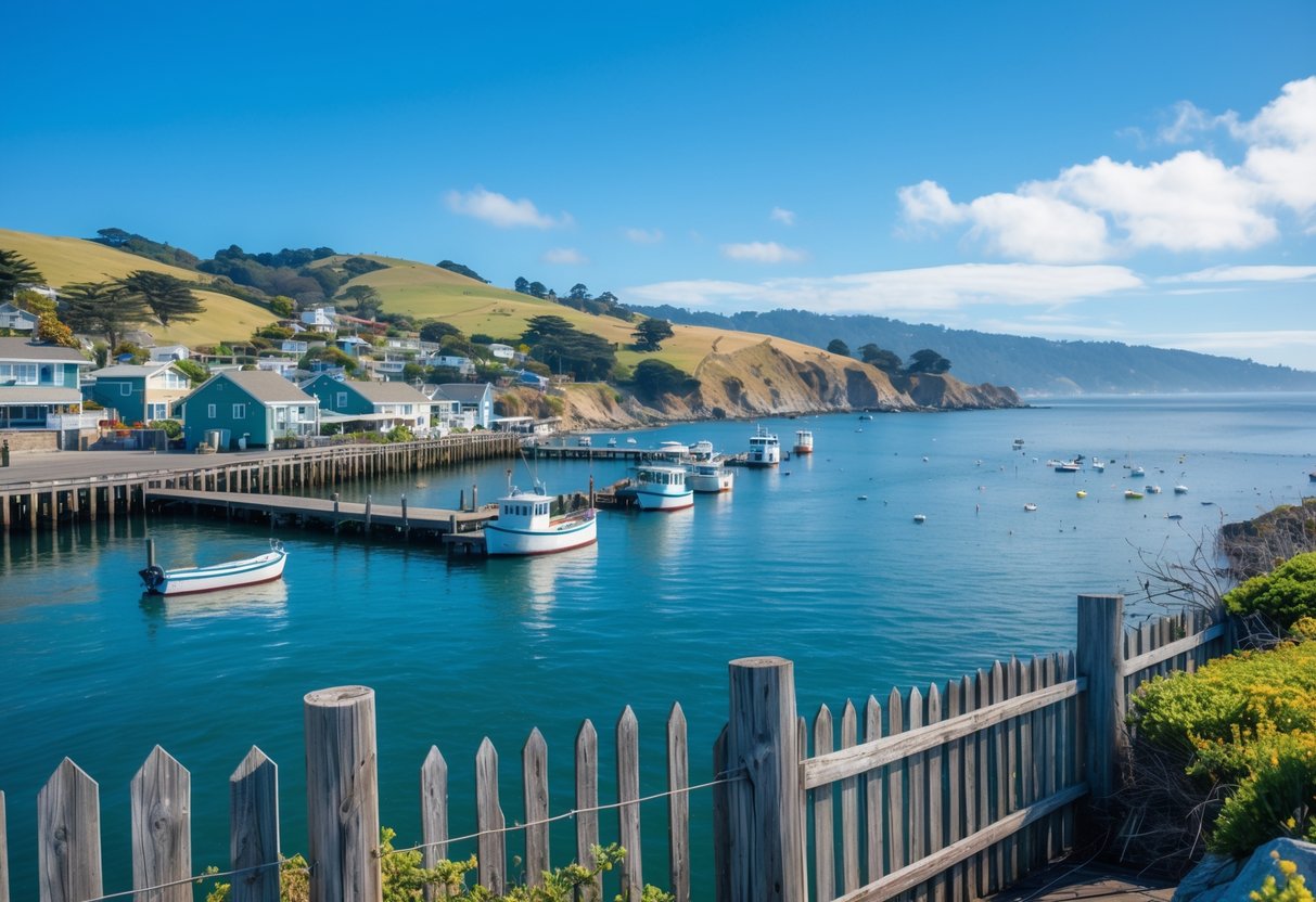 A peaceful coastal town with calm bay waters, small boats docked at a wooden pier, green hills, and houses along the shoreline under a clear blue sky.