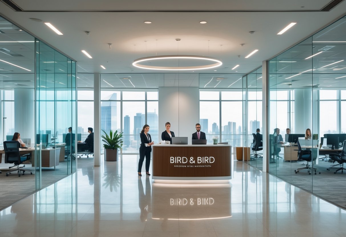 Modern corporate office lobby with reception desk and people working in office rooms.