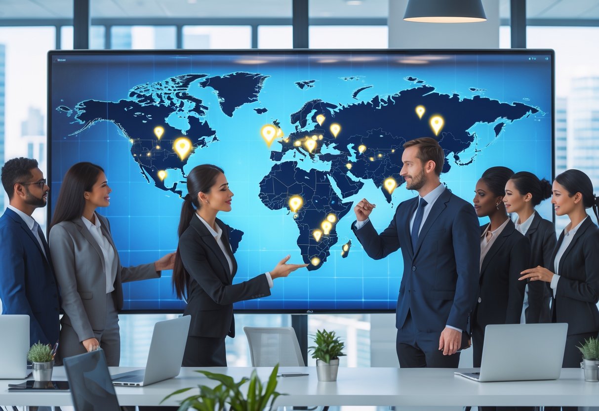 Business professionals in an office looking at a digital world map with markers indicating multiple global office locations.