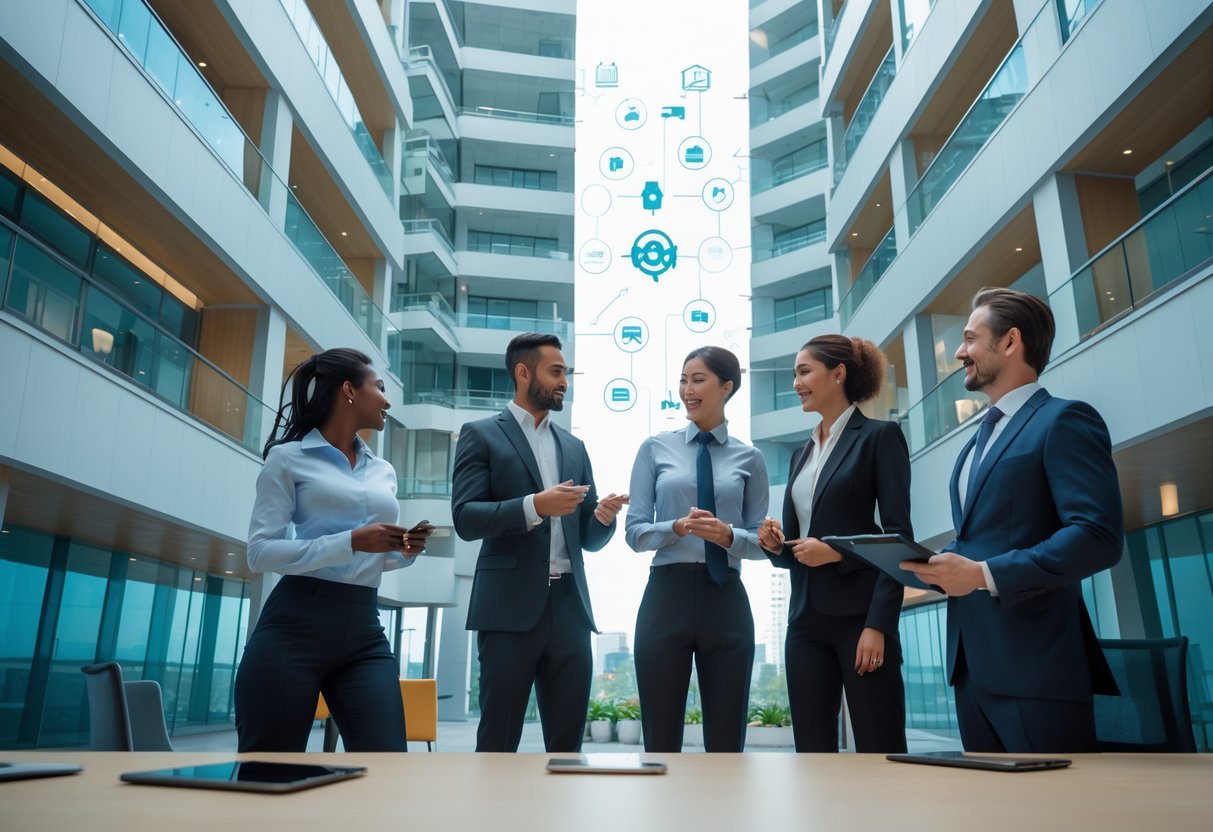 A group of business professionals collaborating in a modern office building with large glass windows.