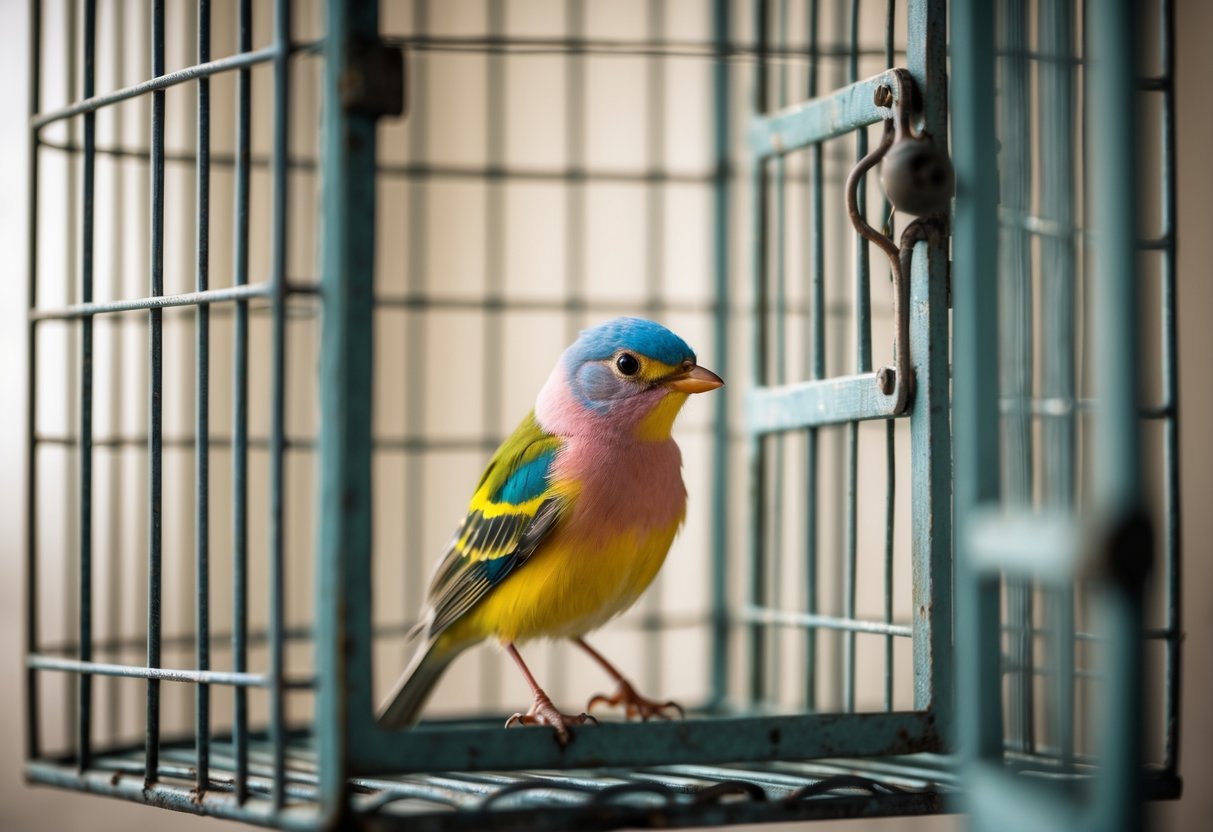 A small colorful bird sitting inside a slightly open metal cage, looking hesitant to leave.