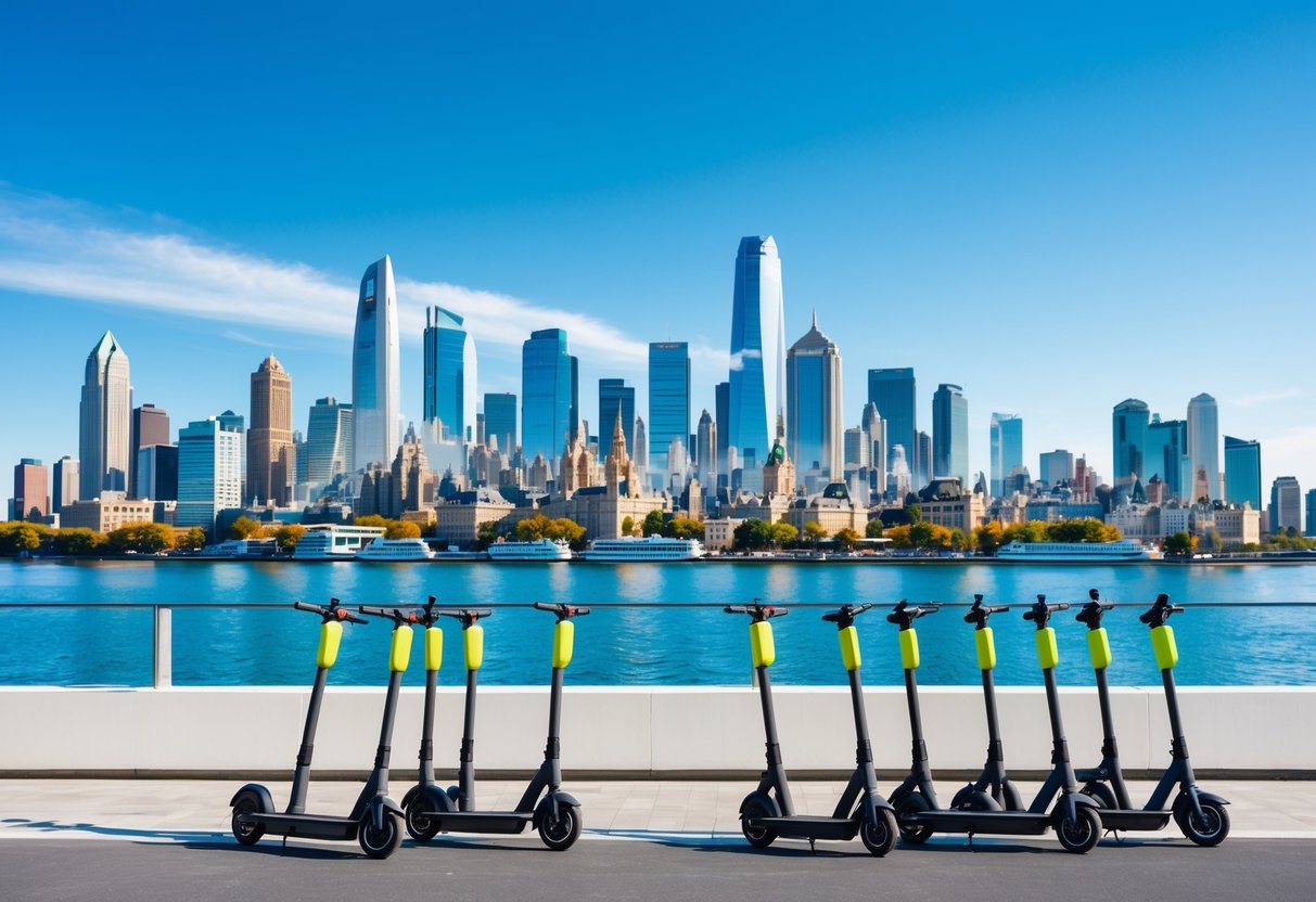 A cityscape showing multiple urban skylines with electric scooters parked on a sidewalk.