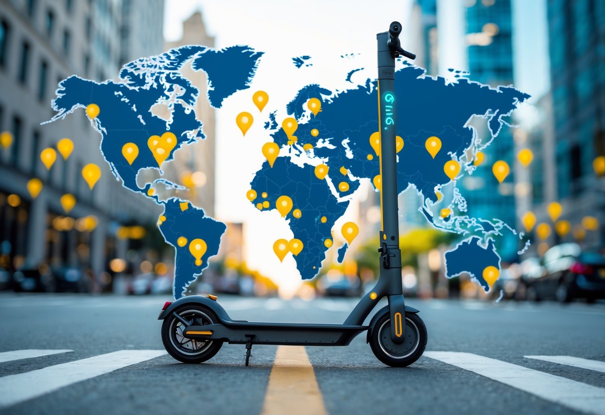 A world map with colorful pins marking cities worldwide and an electric scooter parked on a city street in the foreground.