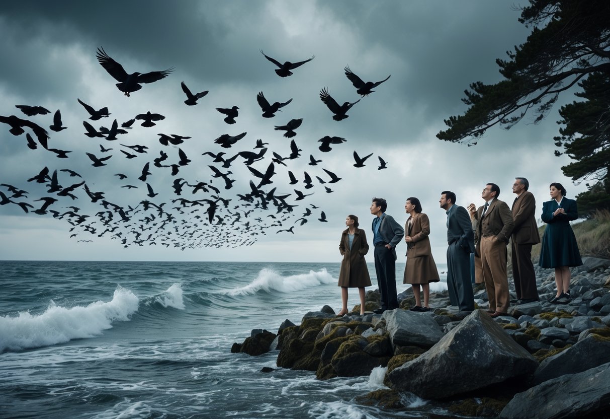 People on a rocky shore looking up at a large flock of black birds flying aggressively under a dark cloudy sky.