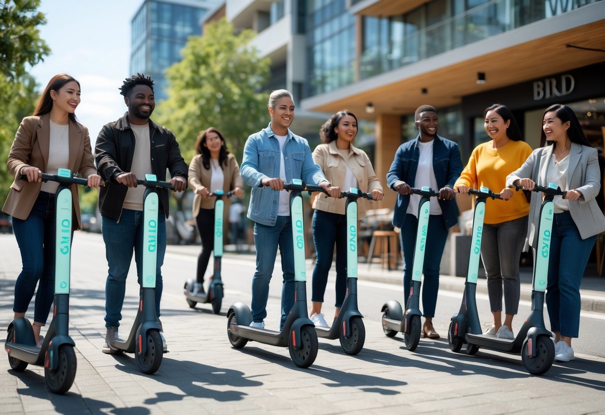 People of different ages and backgrounds using and maintaining electric scooters on a sunny city street near local shops.