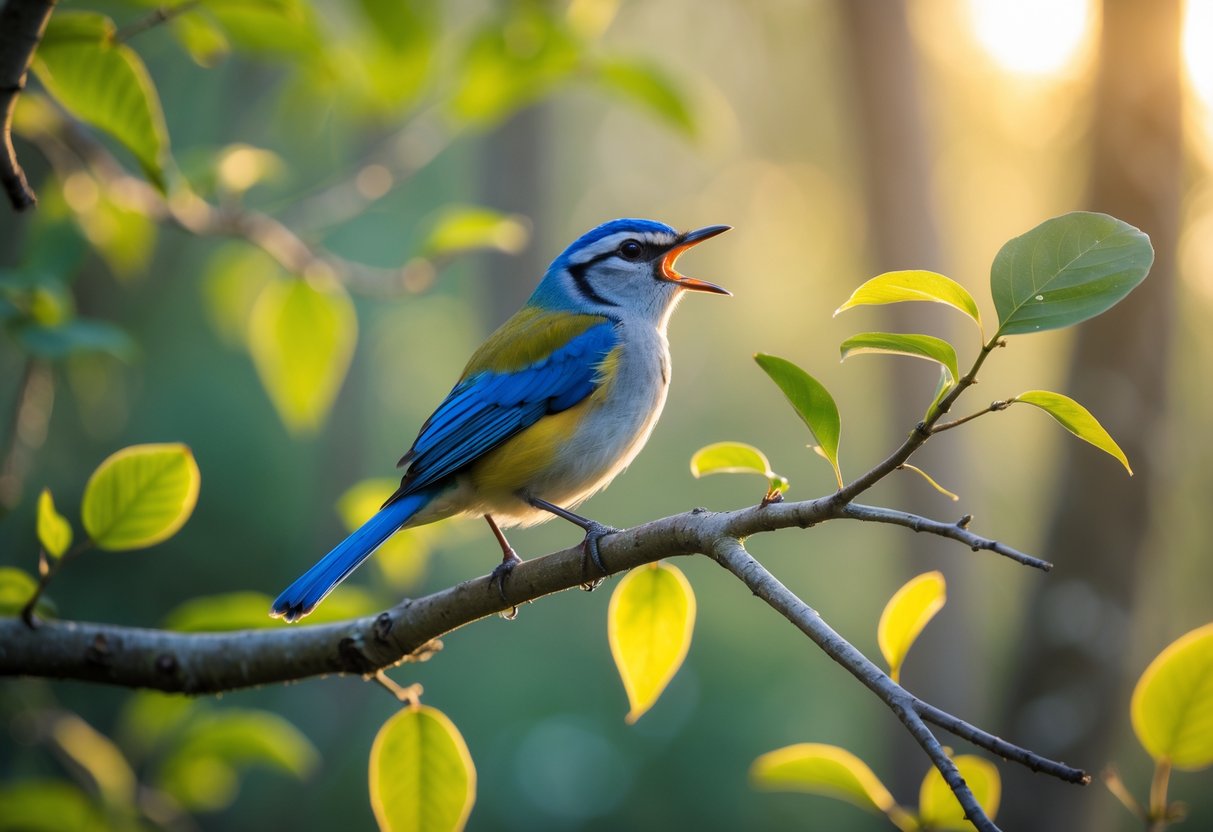 A small colorful bird perched on a tree branch surrounded by green leaves in a sunlit forest.