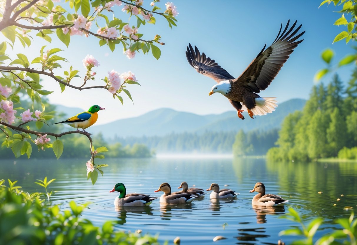 A variety of birds including a songbird on a tree branch, an eagle flying in the sky, and ducks swimming on a lake surrounded by trees and mountains.