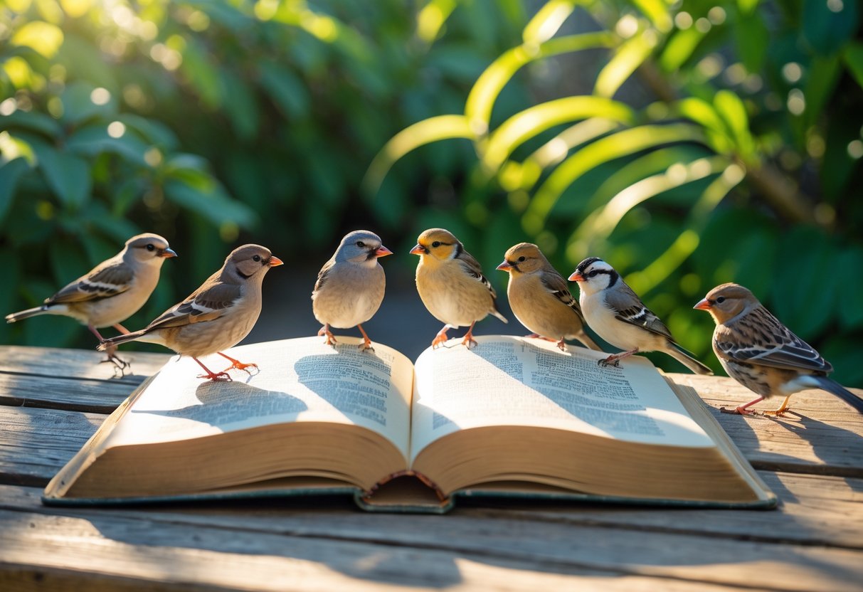Several small birds perched around an open book on a wooden table in a sunlit garden with green plants in the background.