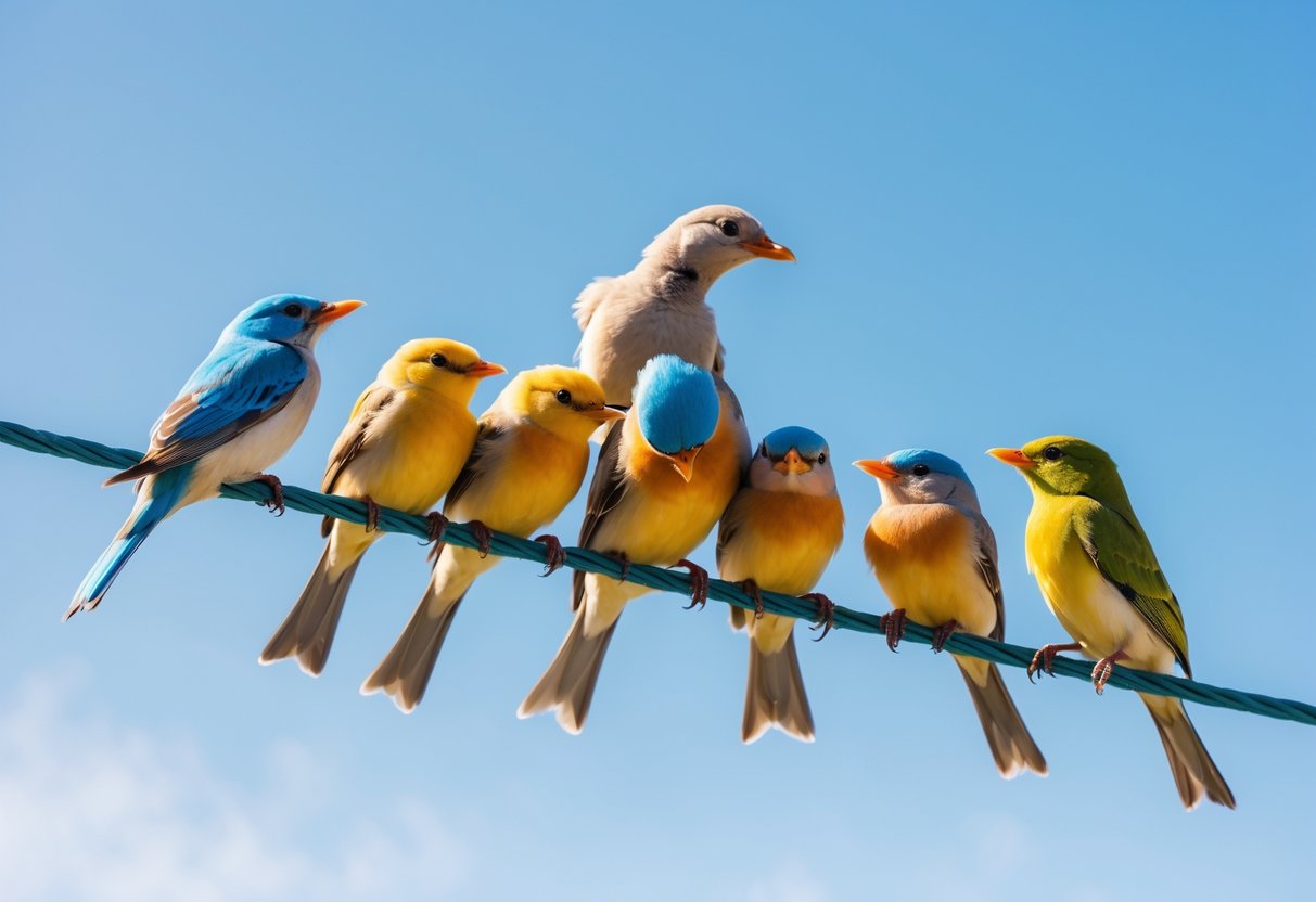 Several small birds sitting closely on a wire while a larger bird tries to join them, set against a clear blue sky.