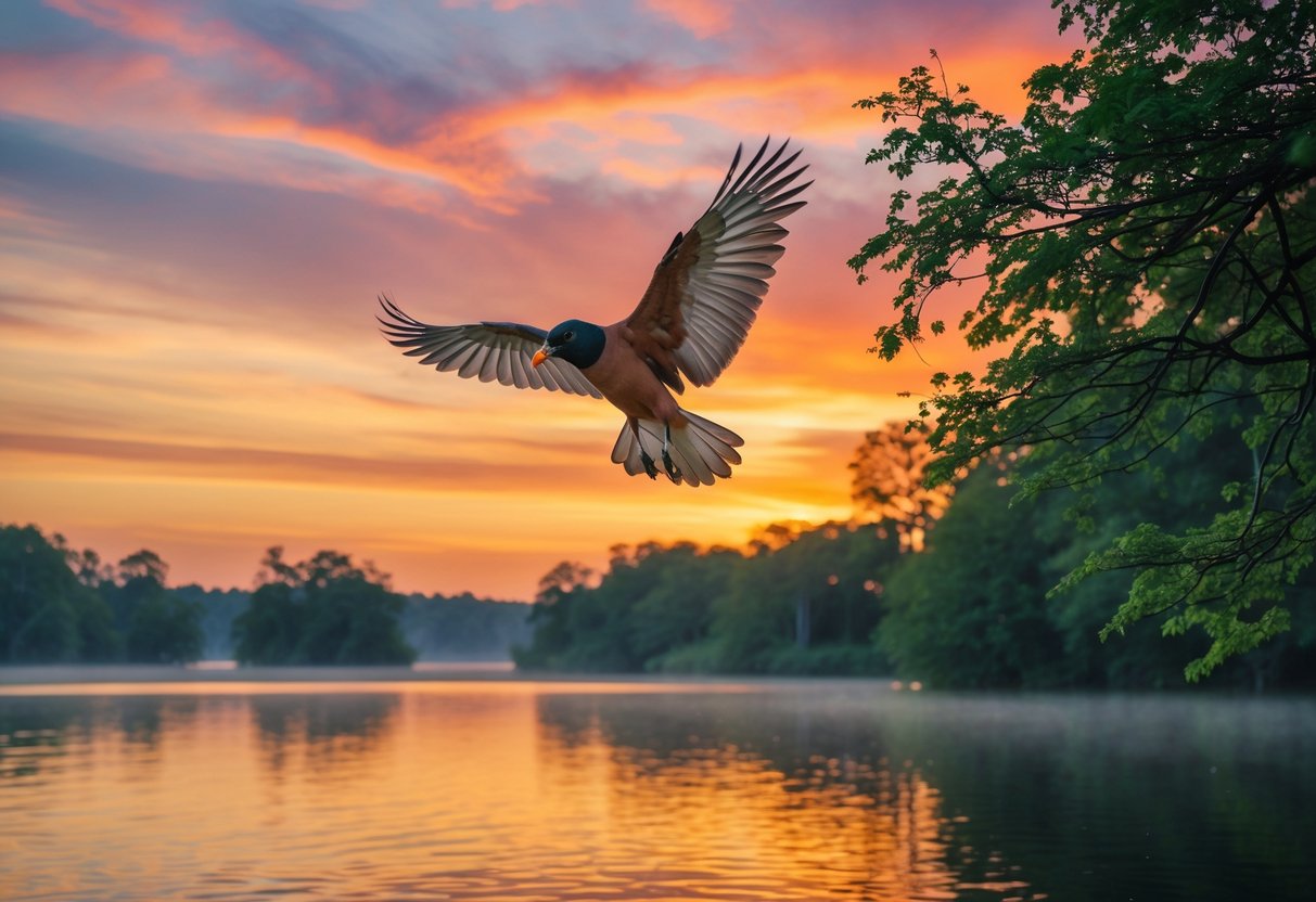 A bird flying over a calm lake at sunset with trees in the background.