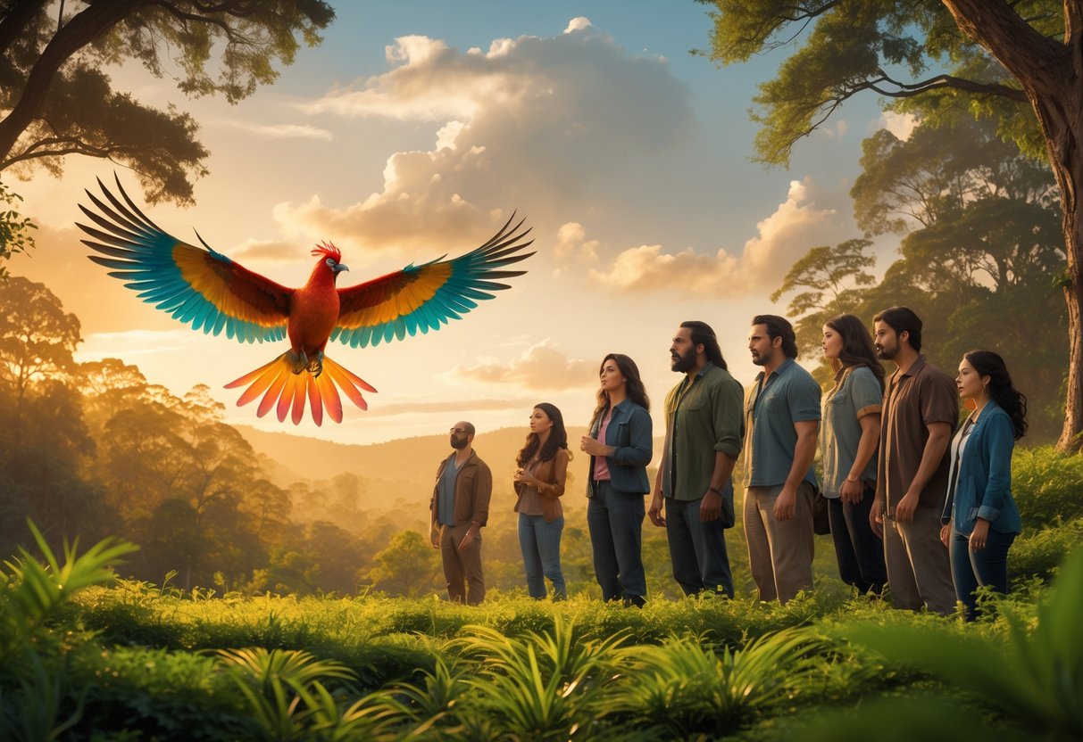 A group of people and a colorful bird in a forest at sunset, sharing a moment of farewell and hope.