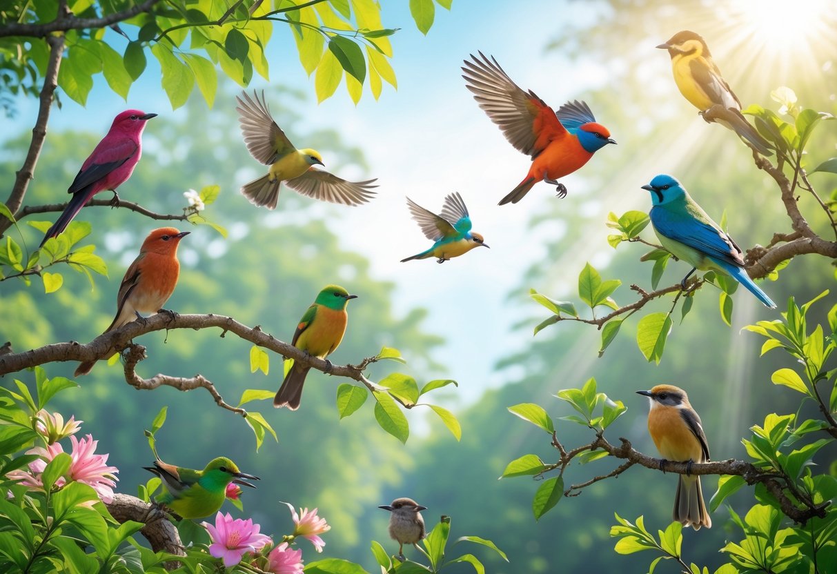 A peaceful forest scene with colorful birds perched on branches and flying among green trees and flowers.