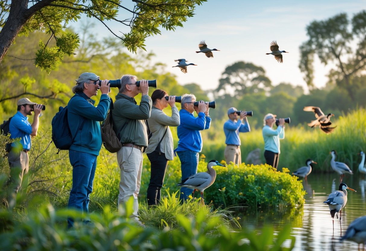 People birdwatching near a lake surrounded by trees and birds in a natural outdoor setting.