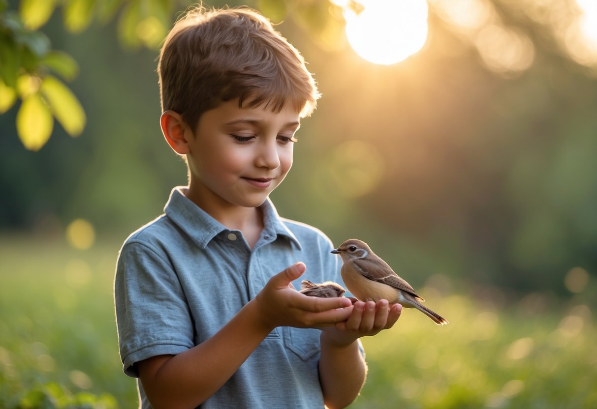 A young boy gently holding a small bird in his hands outdoors with trees and sunlight in the background.