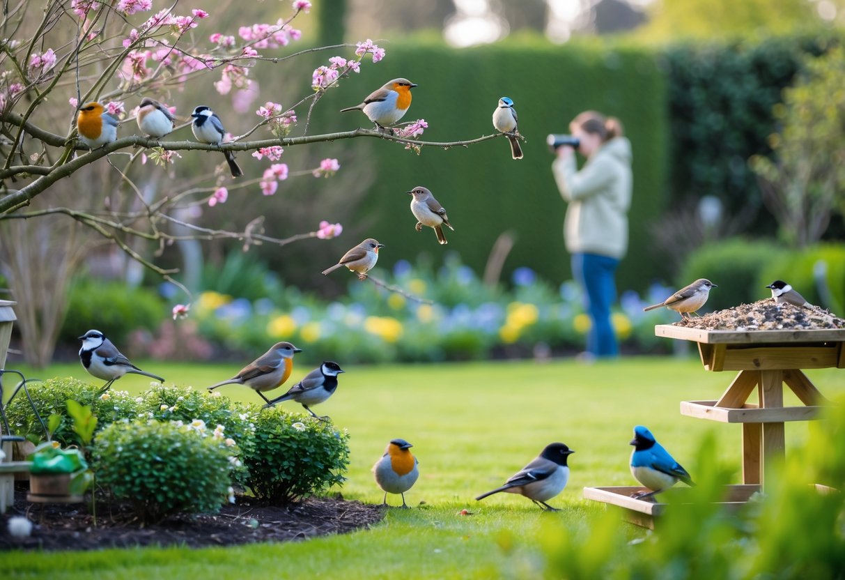 A person observing various birds perched on feeders and branches in a green garden filled with flowers and shrubs.