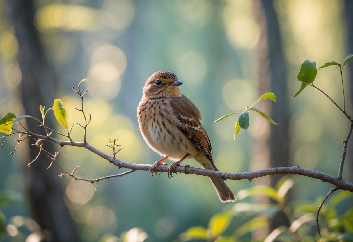 A small ovenbird perched on a branch in a forest setting with soft sunlight filtering through the leaves.