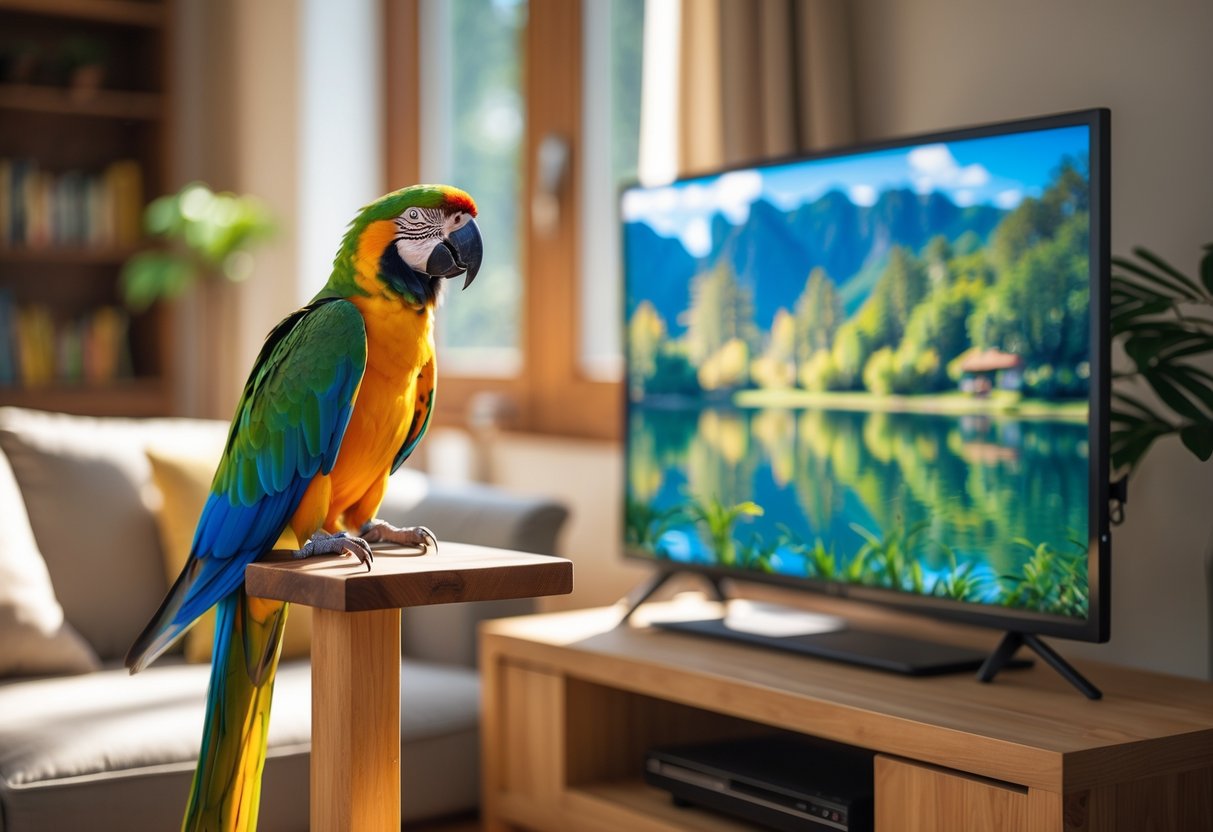 A colorful parrot perched near a turned-on TV in a cozy living room with natural light.