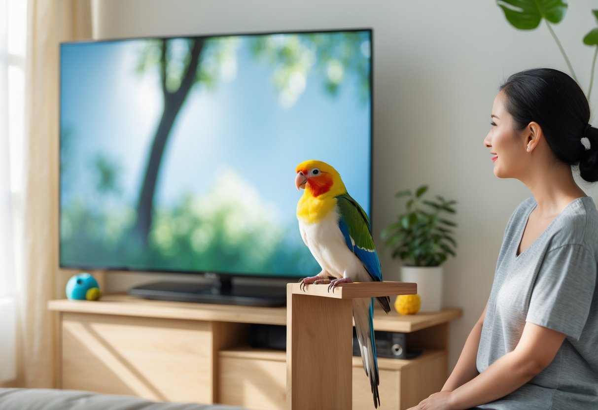A pet bird perched near a turned-on TV in a bright living room while the owner watches thoughtfully.