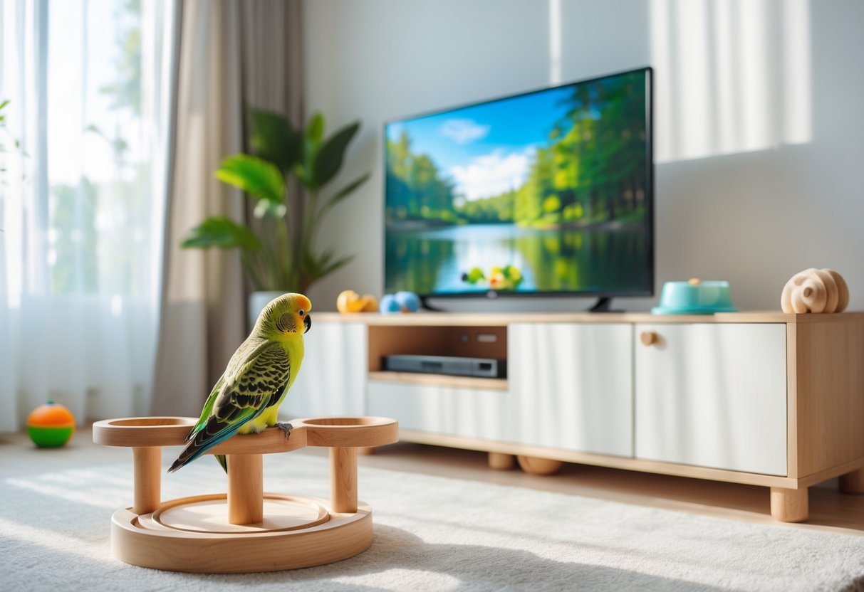 A colorful parakeet perched on a wooden play stand near a turned-on television in a bright living room with natural light and pet toys nearby.
